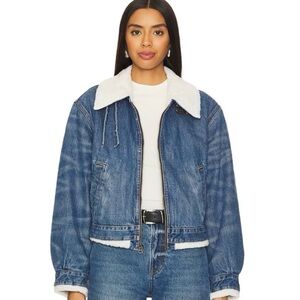 New RE/DONE Denim Sherpa High-Neck Aviator Jacket Blue Large